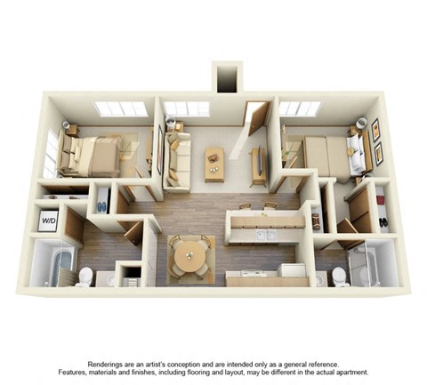 Floor plan for 2 beds, 2 baths, 848 sqft